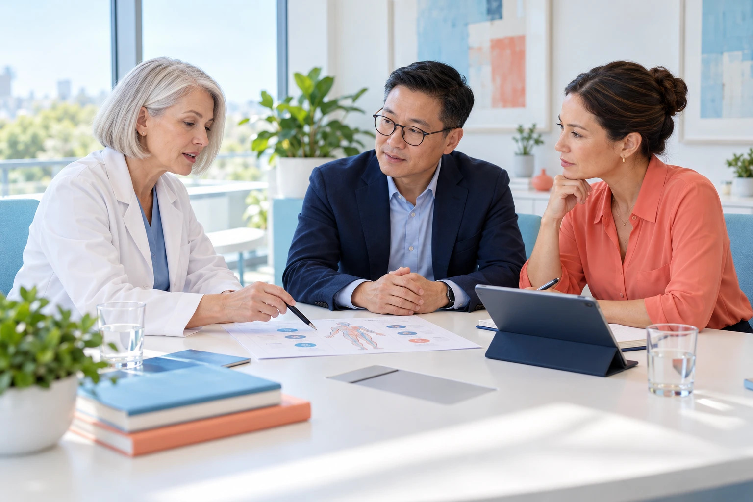 Illustrative clinician and healthcare executives collaborating in a bright meeting room
