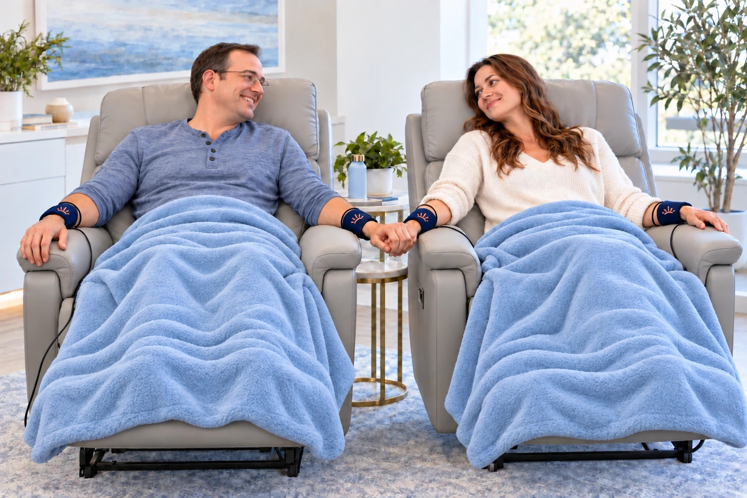 Couple in their early forties holding hands while reclining together during treatment at a medical practice