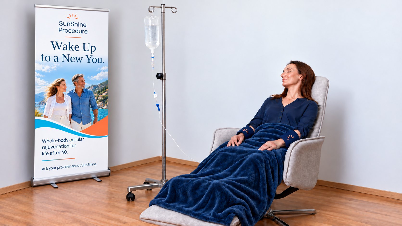 Illustrative woman relaxing in a private treatment chair beside an IV bag