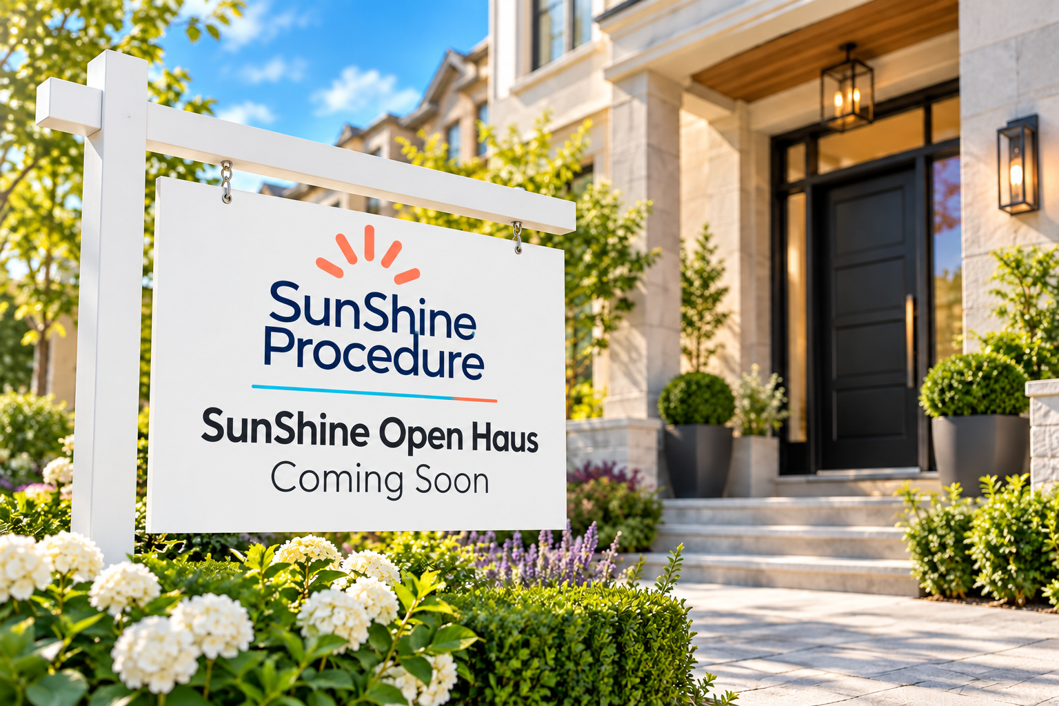 SunShine Open Haus Coming Soon sign for Houston event