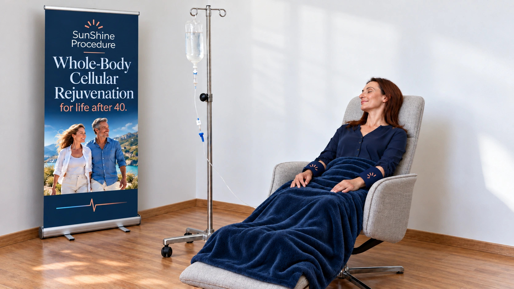 Woman reclining under a navy blanket with SunShine-branded forearm straps and an IV beside a navy banner