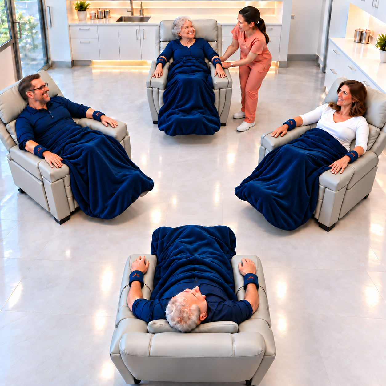 Four patients relaxing under navy blankets with SunShine forearm straps while a specialist assists