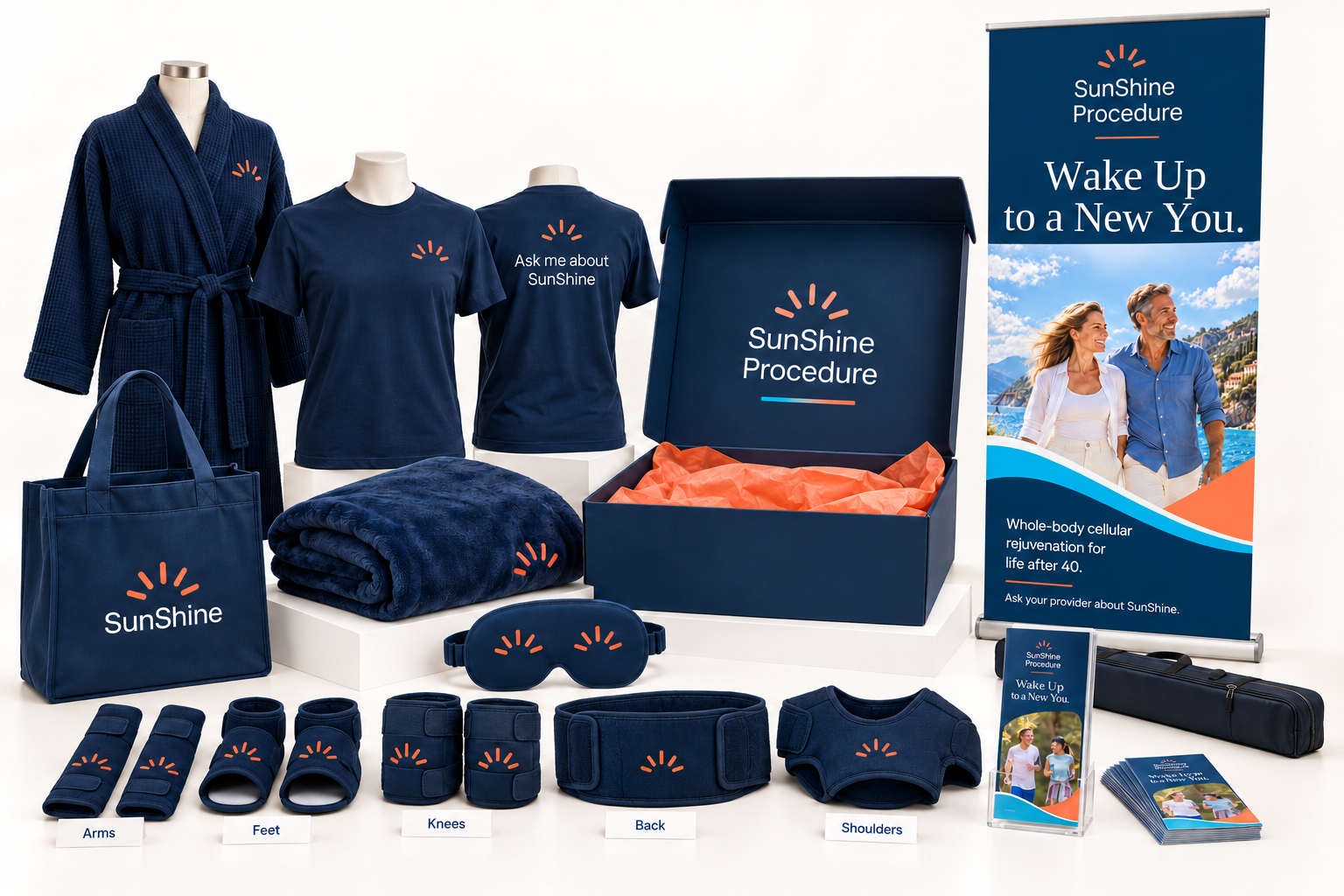 SunShine office launch kit with a navy banner, brochures, blanket, robe and branded treatment accessories